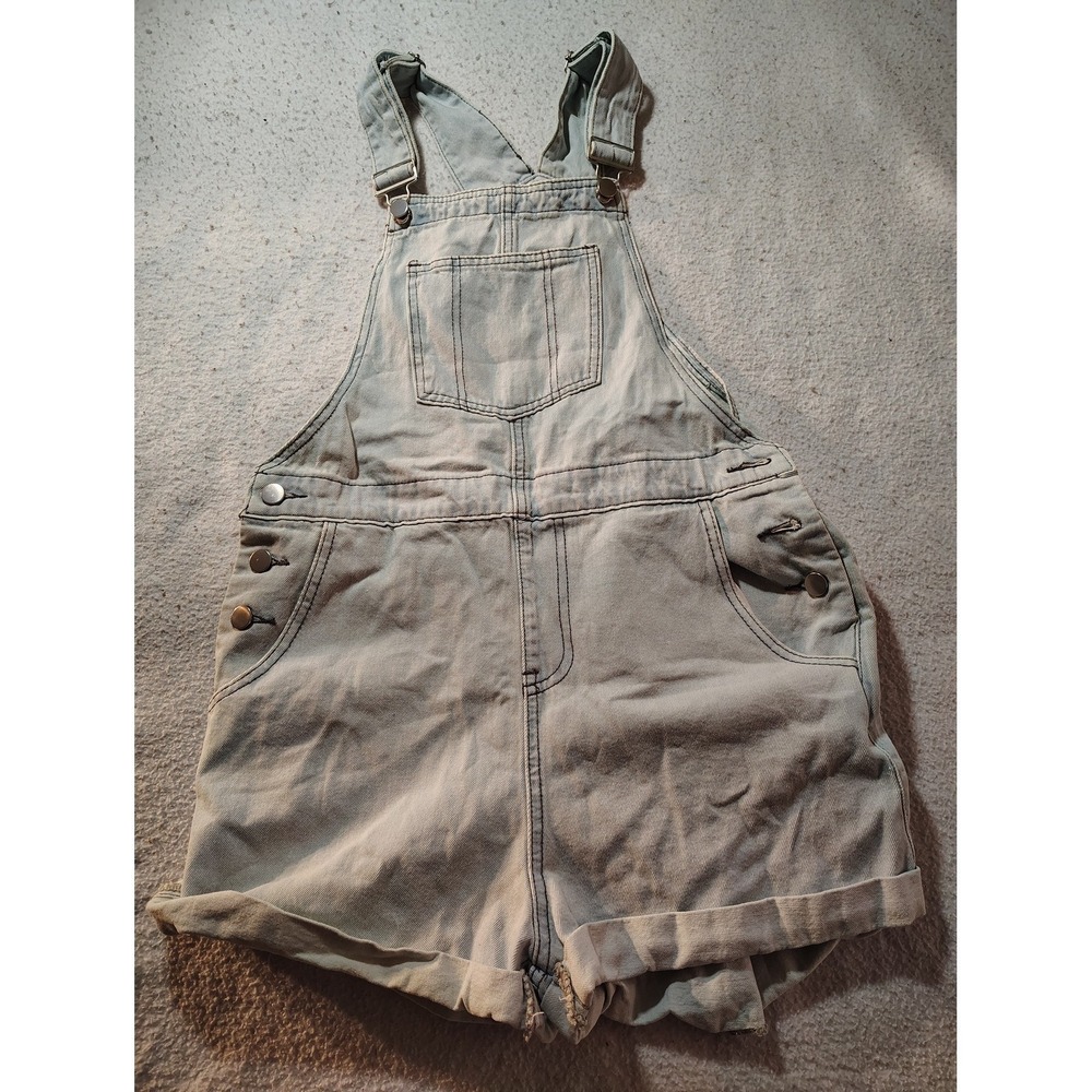 Womens Denim Short Overalls Small Light Blue Cuffed Adjustable Straps Pockets